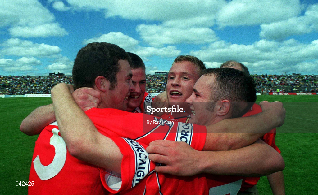 16 July 2000; Cork players, from left, Ray Cahalane, Noel O'Leary, Conrad Murphy and Paul McCarthy celebrate following the Munster Minor Football Championship Final between Kerry and Cork at the Gaelic Grounds in Limerick. Photo by Ray Lohan/Sportsfile