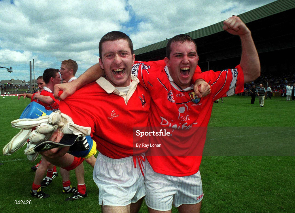 16 July 2000; Mark O'Connor of Cork, right, celebrates with team-mates following the Munster Minor Football Championship Final between Kerry and Cork at the Gaelic Grounds in Limerick. Photo by Ray Lohan/Sportsfile