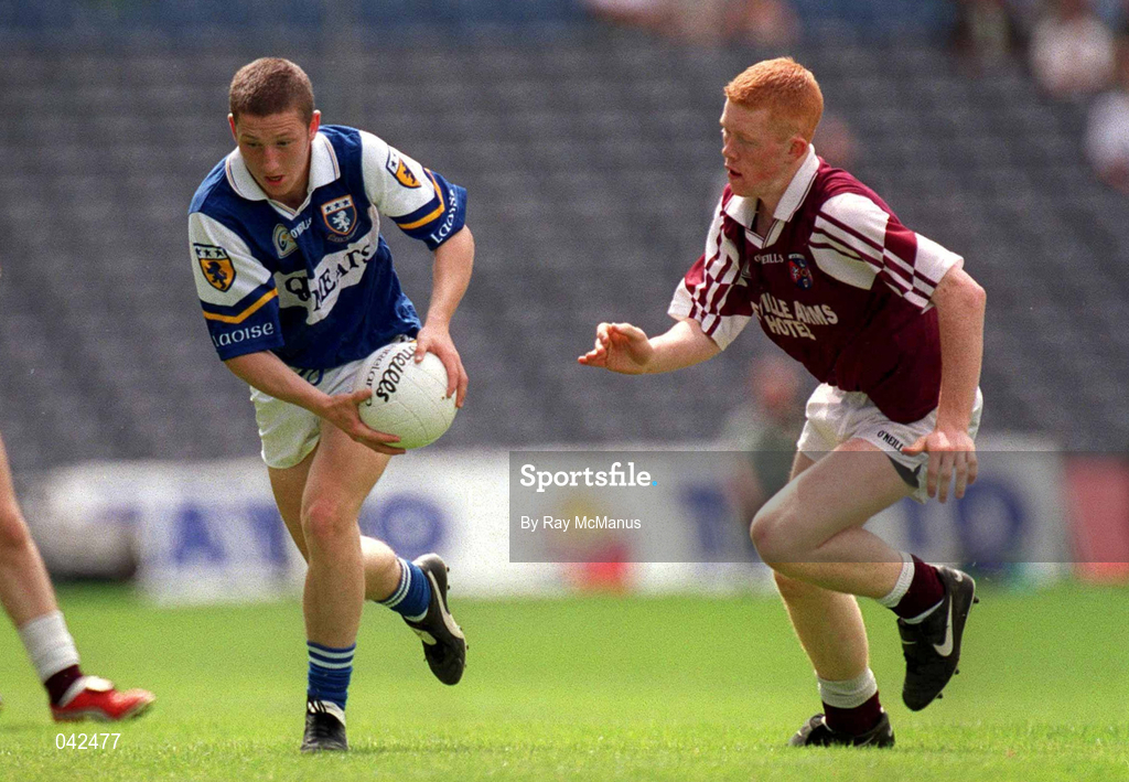 16 July 2000; James Nolan of Laois in action against Donal O'Donoghue of Westmeath during the Leinster Minor Football Championship Semi-Final Replay match between Westmeath and Laois at Croke Park in Dublin. Photo by Ray McManus/Sportsfile