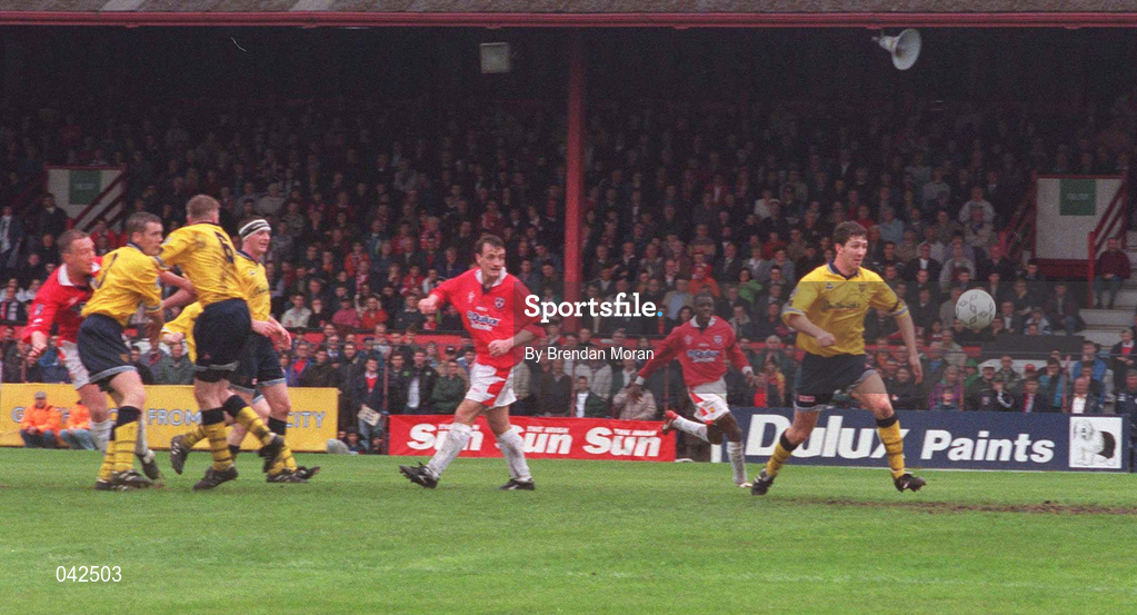 4 May 1997; Dave Campbell of Shelbourne, far left, watches as his header heads for the net to score his sides first goal during the FAI Cup Final match between Derry City and Shelbourne at Dalymount Park in Dublin. Photo by Brendan Moran/Sportsfile