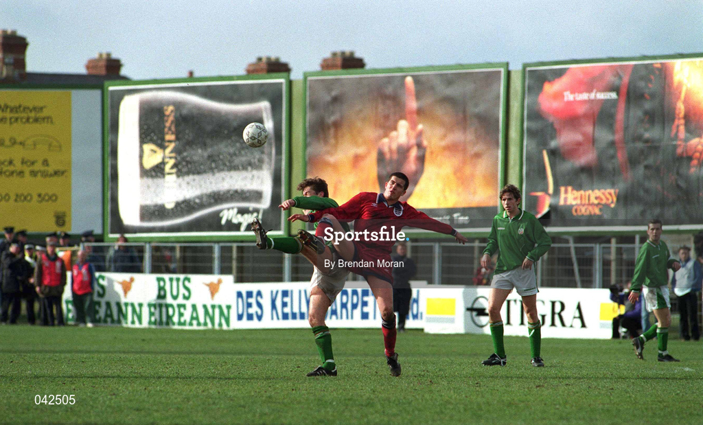 27 March 1995; Action from the UEFA U21 Championship Qualifier between Republic of Ireland and England at Dalymount Park in Dublin. Photo By Brendan Moran/Sportsfile