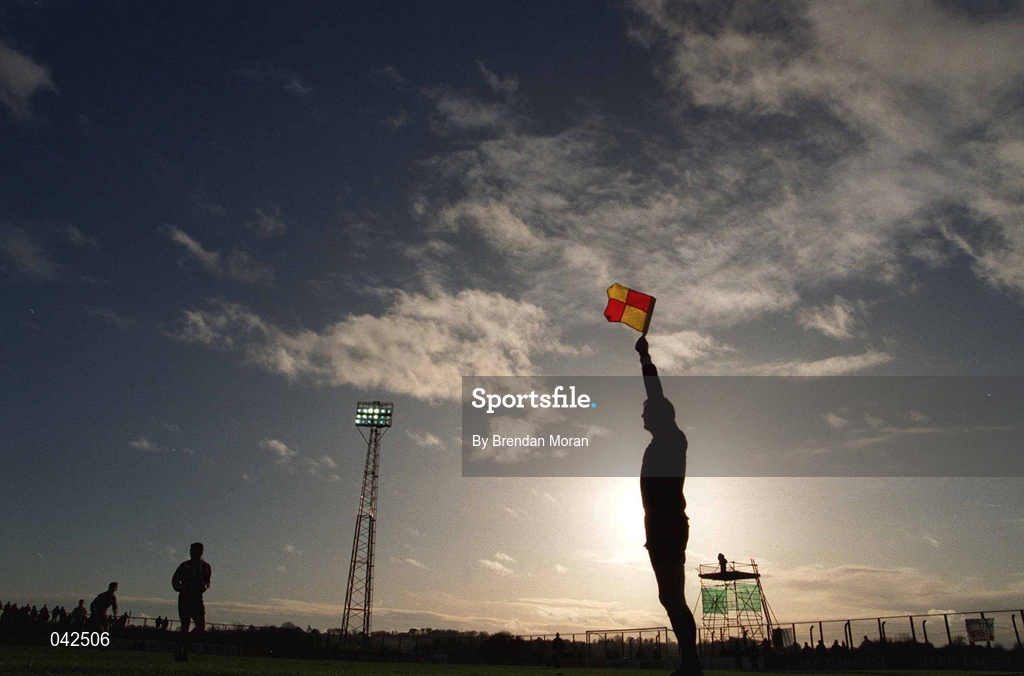 22 January 1995; A referees assistant signals an offside during the Bord Gáis League Cup Final 2nd Leg match between Dundalk and Cork City at Orial Park in Dundalk, Louth. Photo By Brendan Moran/Sportsfile