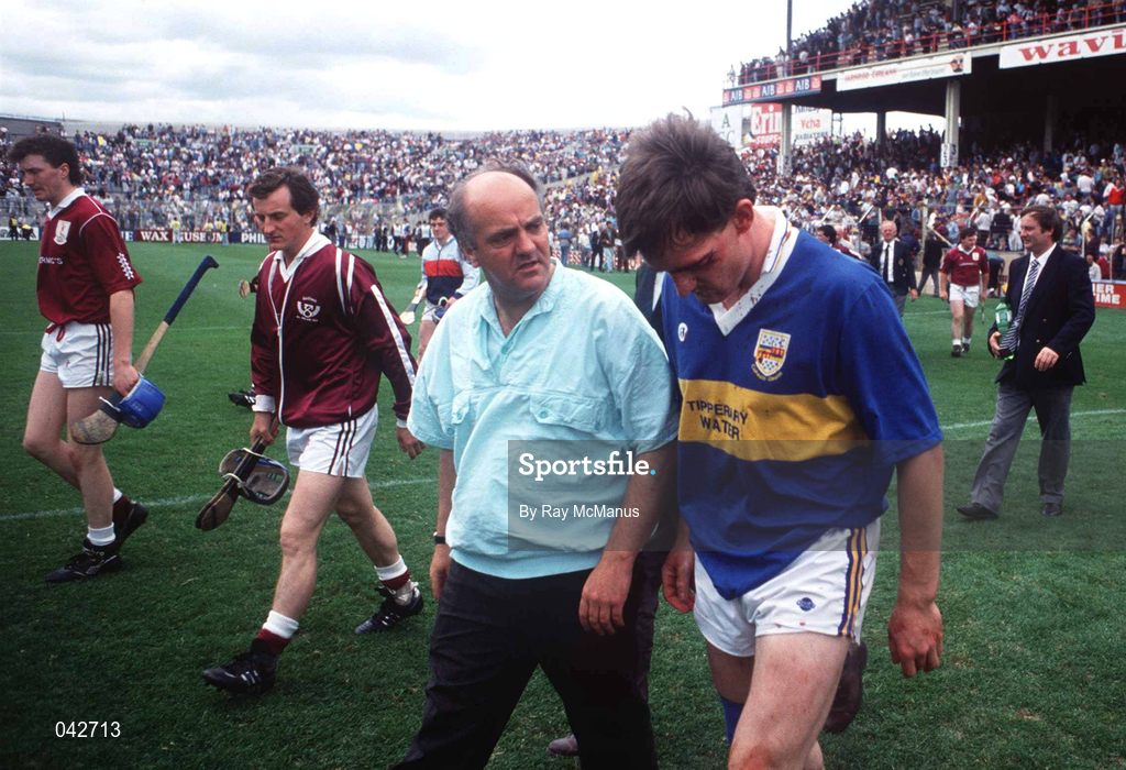 5 August 1991; Galway manager Cyril Farrell with Nicky English of Tipperary following the All-Ireland Senior Hurling Championship Semi-Final match between Tipperary and Galway at Croke Park in Dublin. Photo by Ray McManus/Sportsfile