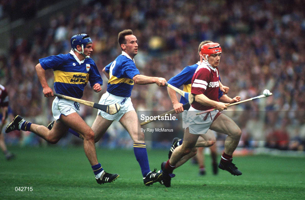 8 August 1993; Michael "Hopper" McGrath of Galway in action against Conal Bonner and Declan Carr of Tipperary during the All-Ireland Senior Hurling Championship Semi-Final match between Galway and Tipperary at Croke Park in Dublin. Photo by Ray McManus/Sportsfile