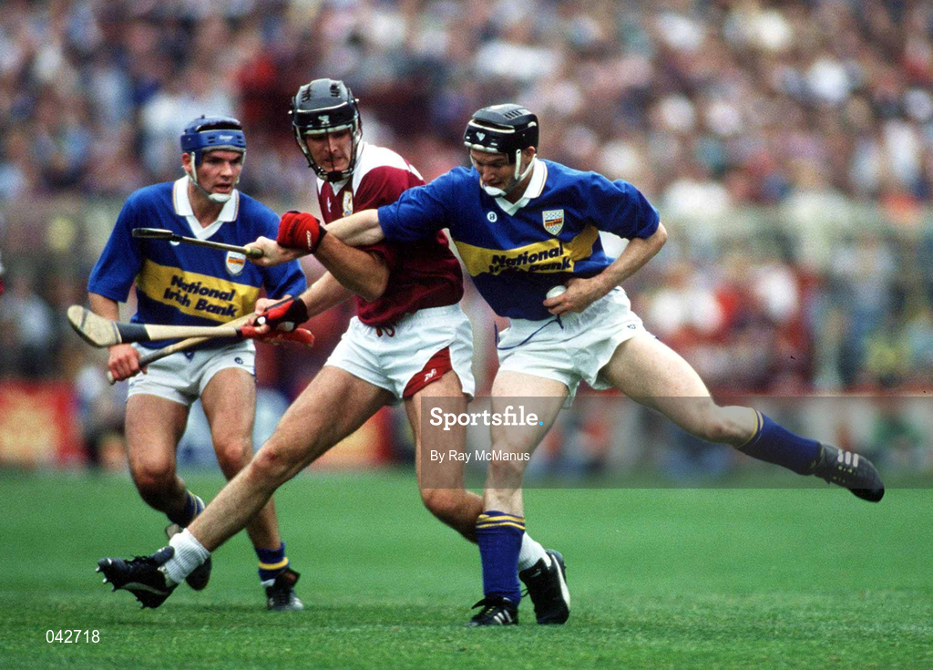 8 August 1993; Paul Delaney of Tipperary in action against Joe Rabbitte of Galway during the All-Ireland Senior Hurling Championship Semi-Final match between Galway and Tipperary at Croke Park in Dublin. Photo by Ray McManus/Sportsfile
