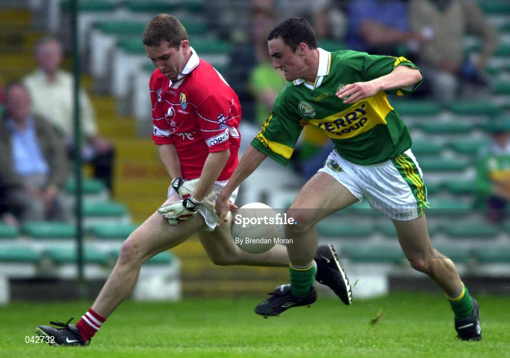 16 July 2000; Mark O'Connor of Cork in action against Noel Lynch of Kerry during the Munster Minor Football Championship Final between Kerry and Cork at the Gaelic Grounds in Limerick. Photo By Brendan Moran/Sportsfile