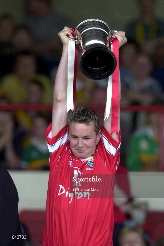 16 July 2000; Cork captain James Masters lifts the cup following the Munster Minor Football Championship Final between Kerry and Cork at the Gaelic Grounds in Limerick. Photo By Brendan Moran/Sportsfile