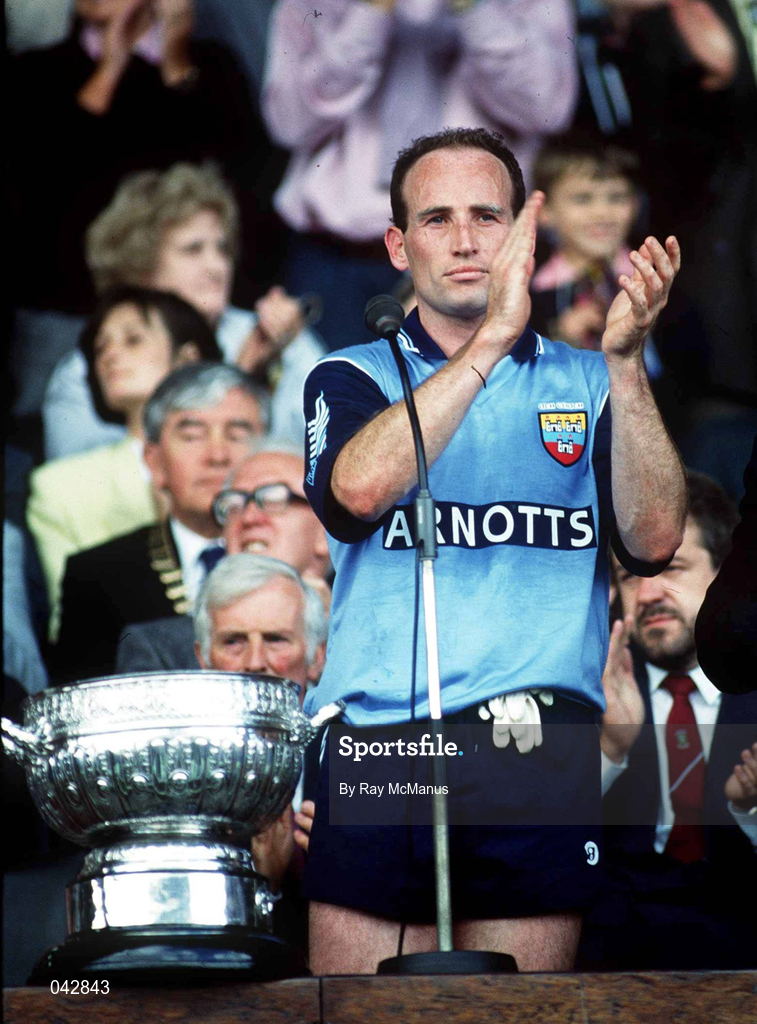 26 July 1992; Dublin captain Tommy Carr pictured alongside the Delaney Cup following the Leinster Senior Football Championship Final match between Dublin and Kildare at Croke Park in Dublin. Photo by Ray McManus/Sportsfile