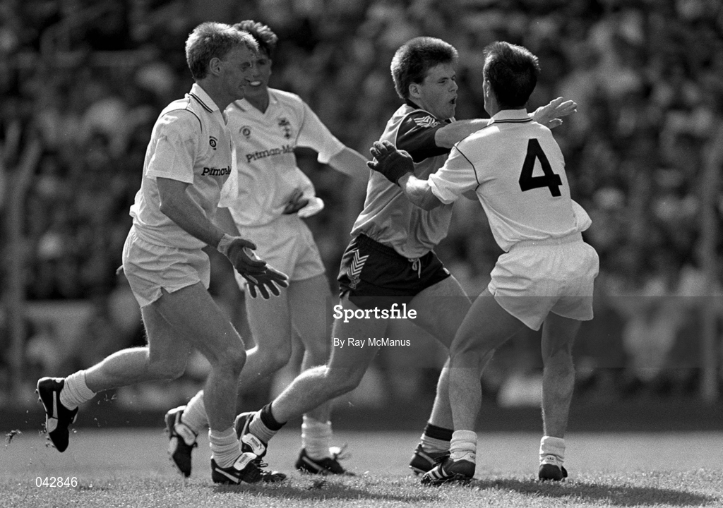 26 July 1992; Dessie Farrell of Dublin is tackled by Seamus Dowling, right, and John Crofton of Kildare during the Leinster Senior Football Championship Final match between Dublin and Kildare at Croke Park in Dublin. Photo by Ray McManus/Sportsfile