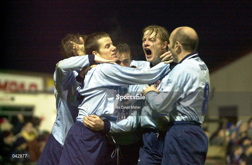 31 March 2000; James Keddy of Shelbourne celebrates his goal with team-mates from right, Paul Doolin,  Mark Hutchinson, Stephen Geoghegan and Dessie Baker during theEircom League Cup Semi-Final match between Galway United and Shelbourne at Terryland Park in Galway. Photo by David Maher/Sportsfile