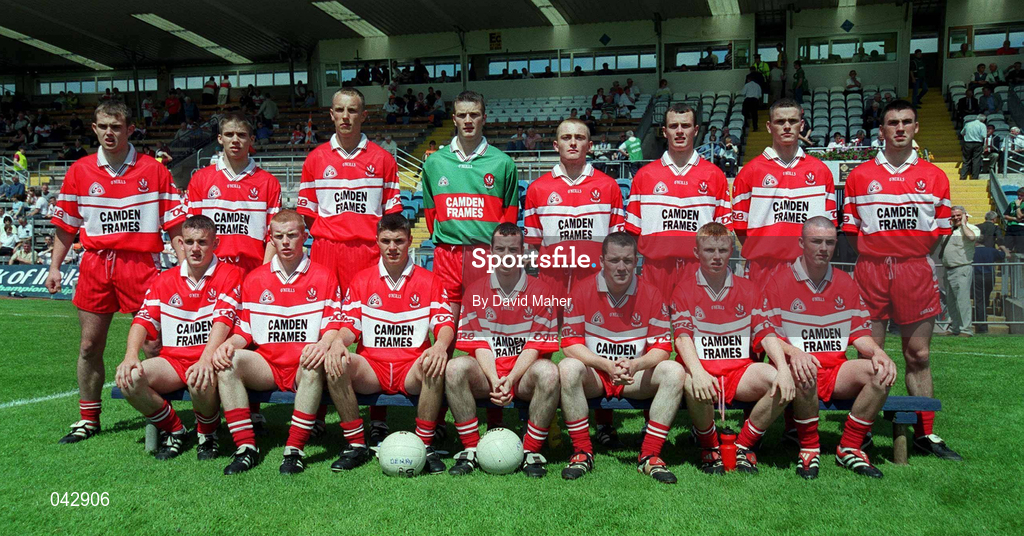 16 July 2000; The Derry team ahead of the Ulster Minor Football Championship Final match between Tyrone and Derry at St Tiernach's Park in Clones, Monaghan. Photo by David Maher/Sportsfile