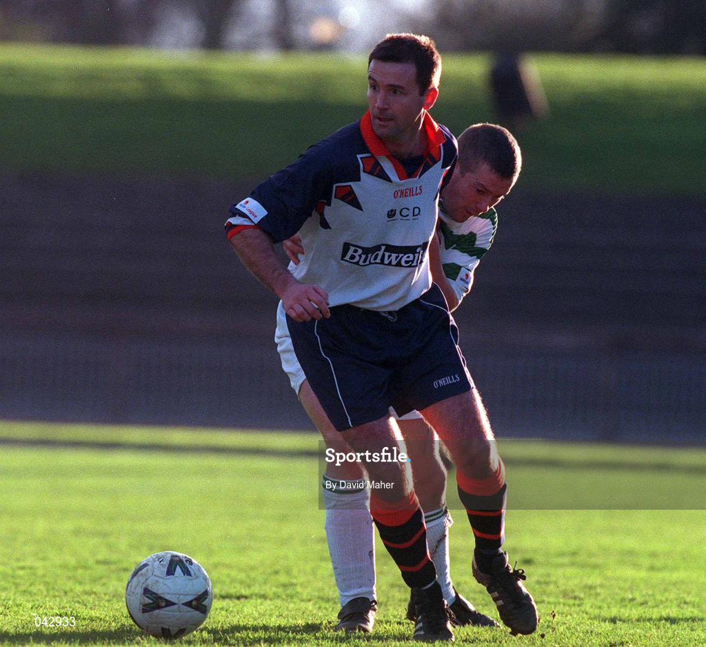 23 January 2000; Brian Mooney of UCD in action against Tommy Dunne of Shamrock Rovers during the Eircom League Premier Division match between Shamrock Rovers and UCD at Morton Stadium in Santry, Dublin. Photo by David Maher/Sportsfile