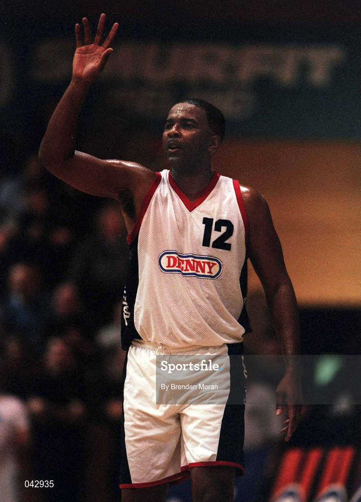 28 January 2000; Anthony Jenkins of Denny Notre Dame during the Senior Men's Sprite Cup Semi-Final between Tolka Rovers and Denny Notre Dame at the National Basketball Arena in Tallaght, Dublin. Photo By Brendan Moran/Sportsfile
