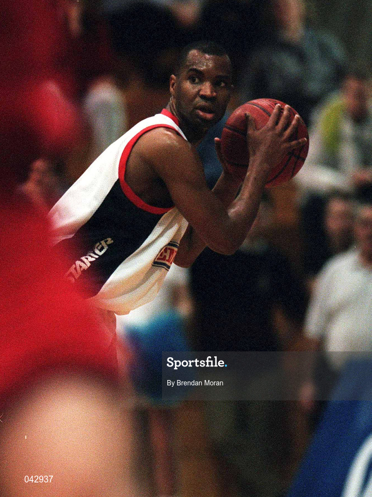 28 January 2000; Brian Benjamin of Denny Notre Dame during the Senior Men's Sprite Cup Semi-Final between Tolka Rovers and Denny Notre Dame at the National Basketball Arena in Tallaght, Dublin. Photo By Brendan Moran/Sportsfile