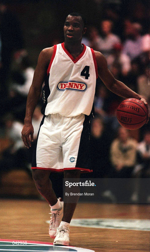 28 January 2000; Brian Benjamin of Denny Notre Dame during the Senior Men's Sprite Cup Semi-Final between Tolka Rovers and Denny Notre Dame at the National Basketball Arena in Tallaght, Dublin. Photo By Brendan Moran/Sportsfile