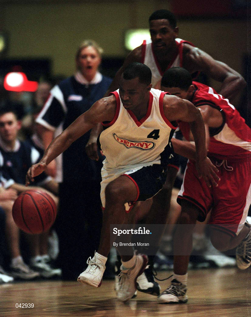 28 January 2000; Brian Benjamin of Denny Notre Dame during the Senior Men's Sprite Cup Semi-Final between Tolka Rovers and Denny Notre Dame at the National Basketball Arena in Tallaght, Dublin. Photo By Brendan Moran/Sportsfile
