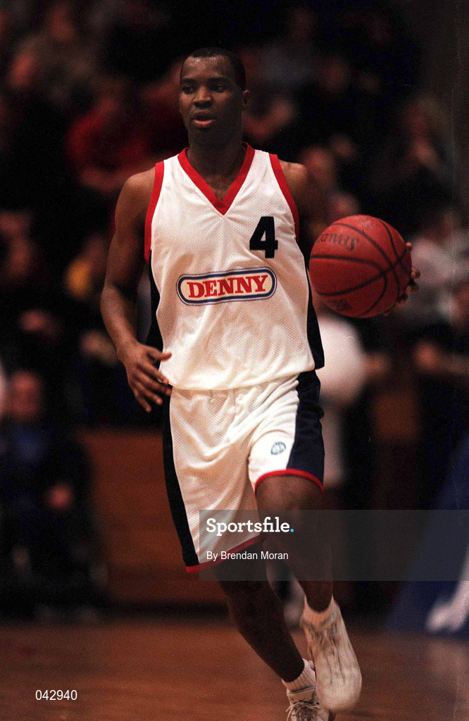 28 January 2000; Brian Benjamin of Denny Notre Dame during the Senior Men's Sprite Cup Semi-Final between Tolka Rovers and Denny Notre Dame at the National Basketball Arena in Tallaght, Dublin. Photo By Brendan Moran/Sportsfile