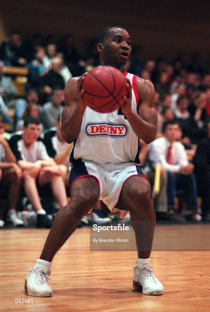 28 January 2000; Brian Benjamin of Denny Notre Dame during the Senior Men's Sprite Cup Semi-Final between Tolka Rovers and Denny Notre Dame at the National Basketball Arena in Tallaght, Dublin. Photo By Brendan Moran/Sportsfile