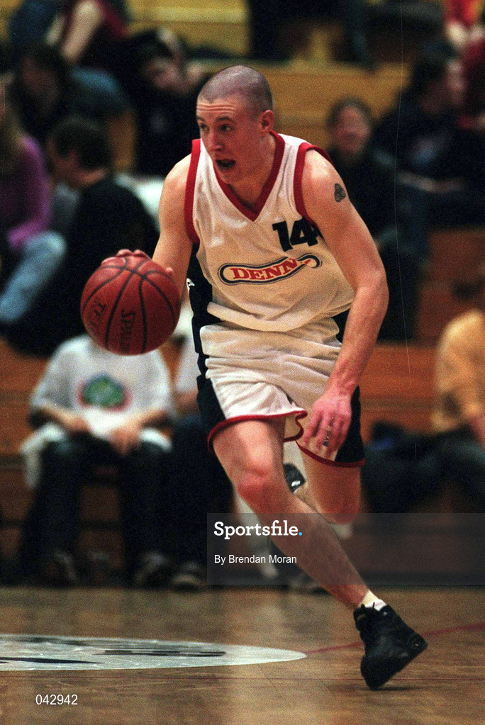 28 January 2000; Ciaran Dempsey of Denny Notre Dame during the Senior Men's Sprite Cup Semi-Final between Tolka Rovers and Denny Notre Dame at the National Basketball Arena in Tallaght, Dublin. Photo By Brendan Moran/Sportsfile