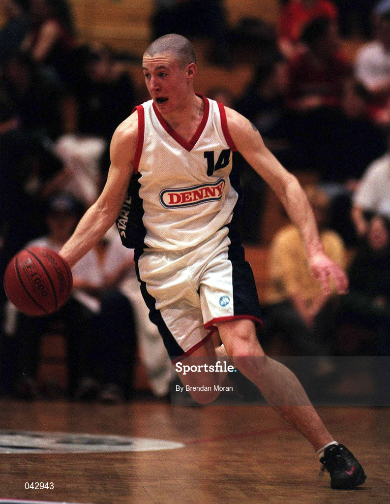 28 January 2000; Ciaran Dempsey of Denny Notre Dame during the Senior Men's Sprite Cup Semi-Final between Tolka Rovers and Denny Notre Dame at the National Basketball Arena in Tallaght, Dublin. Photo By Brendan Moran/Sportsfile