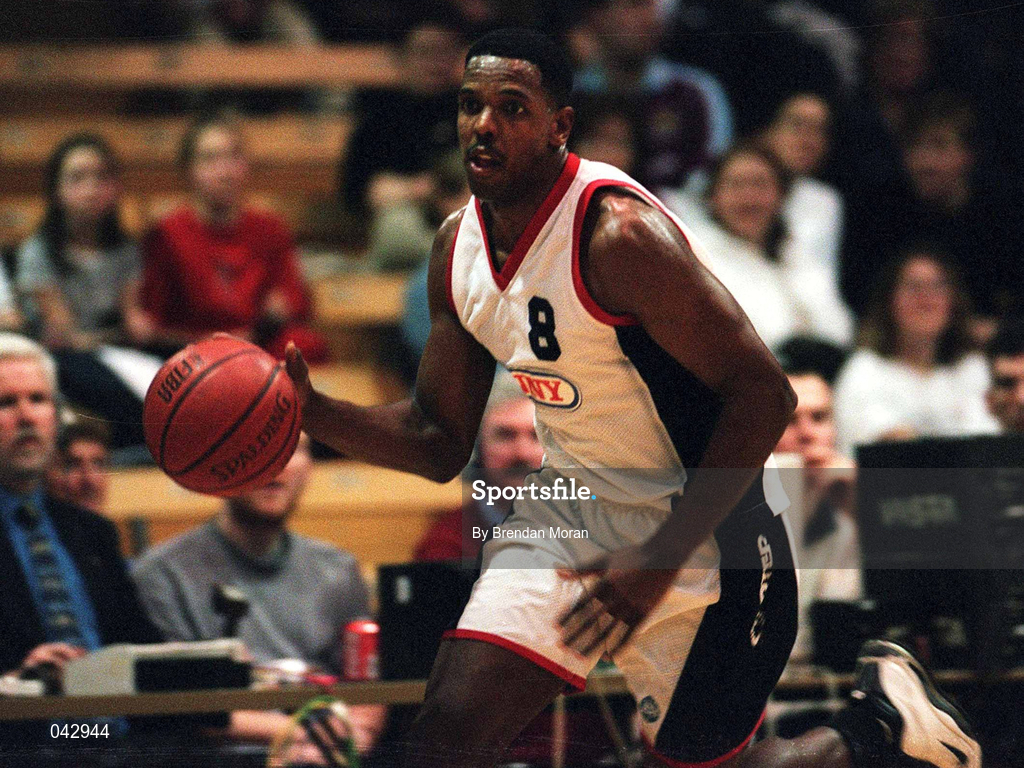 28 January 2000; Eric Blaire of Denny Notre Dame during the Senior Men's Sprite Cup Semi-Final between Tolka Rovers and Denny Notre Dame at the National Basketball Arena in Tallaght, Dublin. Photo By Brendan Moran/Sportsfile