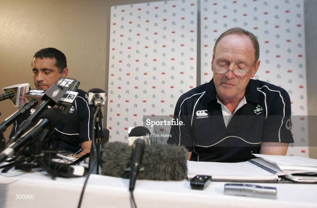 3 June 2008; Interim coach Michael Bradley, left, and Manager Joe Miles during an Ireland Team Announcement and Press Conference. 2008 Ireland Rugby Summer Tour, Holiday Inn, Wellington, New Zealand. Picture credit: Tim Hales / SPORTSFILE