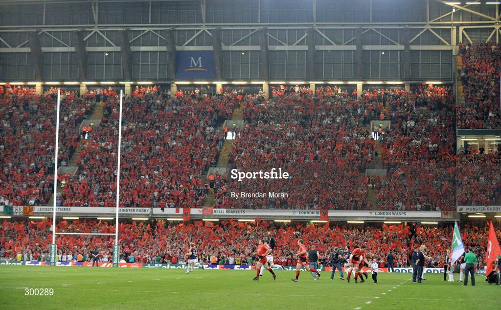 24 May 2008; The teams make their way onto the pitch before the game. Heineken Cup Final, Munster v Toulouse, Millennium Stadium, Cardiff, Wales. Picture credit: Brendan Moran / SPORTSFILE
