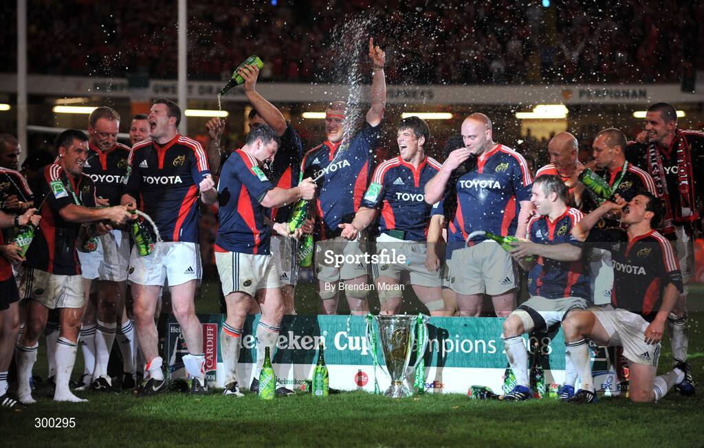 24 May 2008; The Munster squad celebrate with champagne and the cup after the game. Heineken Cup Final, Munster v Toulouse, Millennium Stadium, Cardiff, Wales. Picture credit: Brendan Moran / SPORTSFILE
