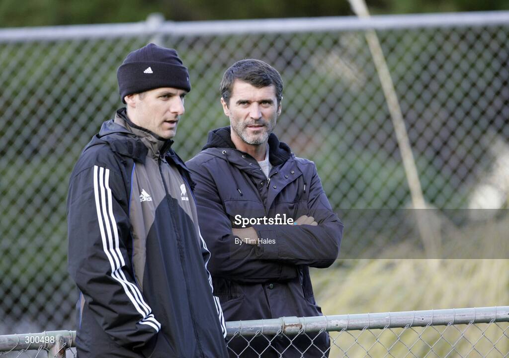 5 June 2008; Former Republic of Ireland international and current Sunderland manager Roy Keane, right, in conversation with with All Black media manager Scott Compton during All Black rugby squad training. 2008 Ireland Rugby Summer Tour, Rugby League Park, Wellington, New Zealand. Picture credit: Tim Hales / SPORTSFILE