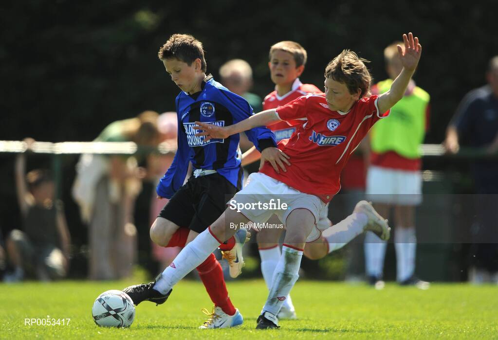 7 June 2008; David Pakenham, Shelbourne FC, in action against Aidan Byrne, Willow Park FC, Athlone, during the Danone Nations Cup National Final. Shelbourne FC, Dublin, v Willow Park, Athlone, Co. Westmeath. AUL Complex, Clonshaugh, Dublin. Picture credit: Ray McManus / SPORTSFILE