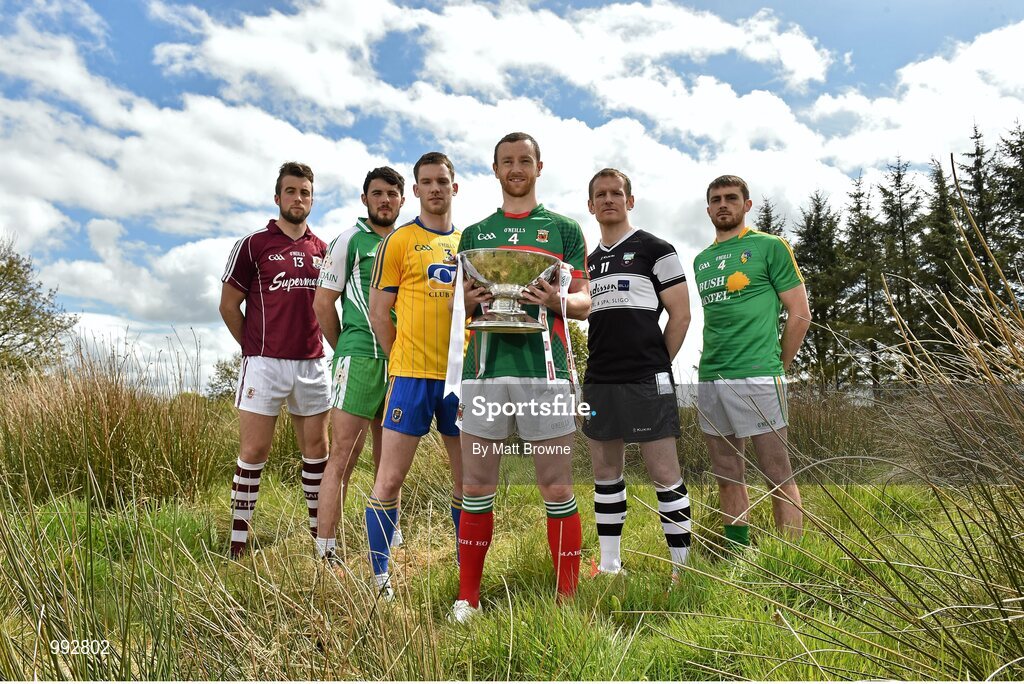 7 May 2015; Mayo captain Keith Higgins, centre, with, from left to right, Galway captain Paul Conroy, London captain Martin Carroll, Roscommon captain Niall Carty, Sligo captain Mark Breheny and Leitrim captain Sean McWeeney in attendance at the launch of the 2015 Connacht GAA Football Championship. Connacht GAA Centre, Bekan, Claremorris, Co. Mayo. Picture credit: Matt Browne / SPORTSFILE