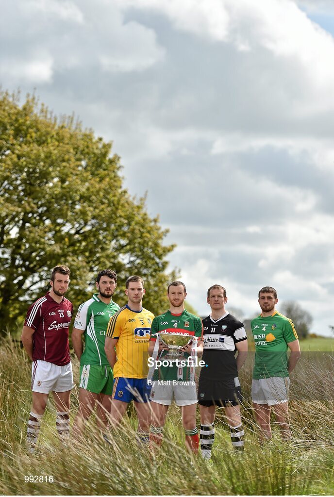 7 May 2015; Mayo captain Keith Higgins, with the Connacht Football Cup, and, from left, Galway captain Paul Conroy, London captain Martin Carroll, Roscommon captain Niall Carty, Sligo captain Mark Breheny and Leitrim captain Sean McWeeney in attendance at the launch of the 2015 Connacht GAA Football Championship. Connacht GAA Centre, Bekan, Claremorris, Co. Mayo. Picture credit: Matt Browne / SPORTSFILE