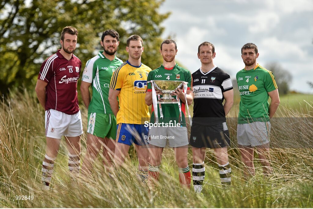 7 May 2015; Mayo captain Keith Higgins, centre, with, from left to right, Galway captain Paul Conroy, London captain Martin Carroll, Roscommon captain Niall Carty, Sligo captain Mark Breheny and Leitrim captain Sean McWeeney in attendance at the launch of the 2015 Connacht GAA Football Championship. Connacht GAA Centre, Bekan, Claremorris, Co. Mayo. Picture credit: Matt Browne / SPORTSFILE