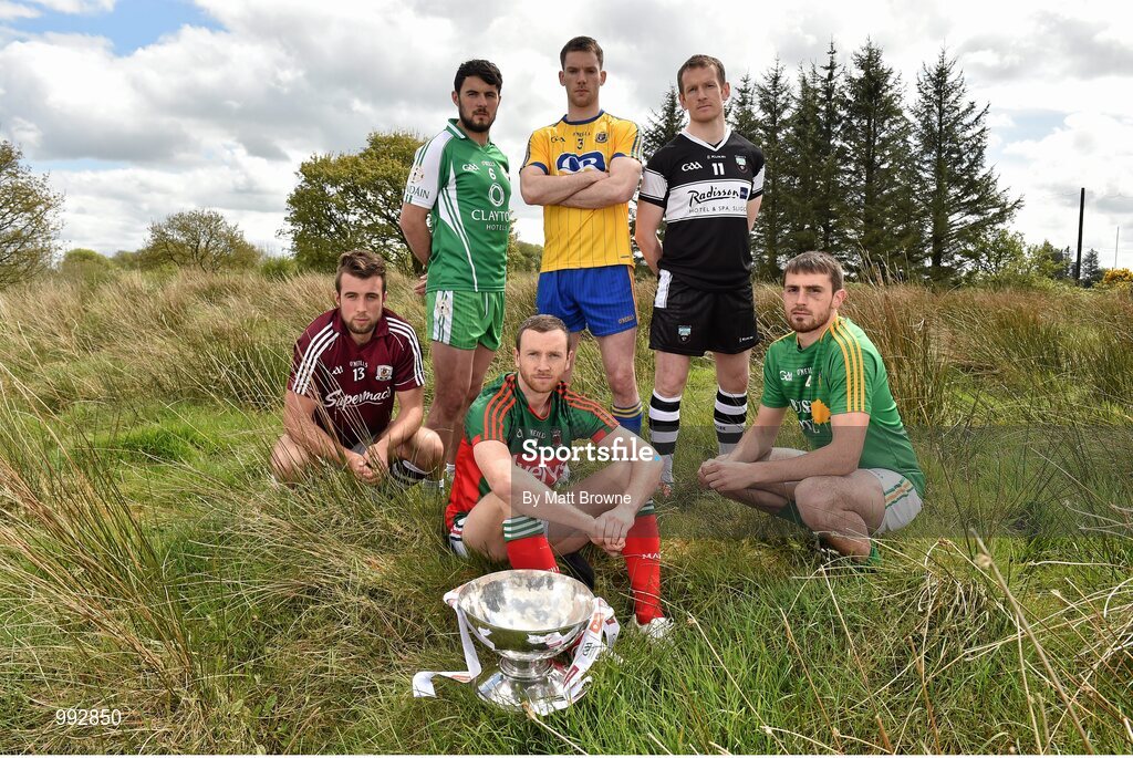 7 May 2015; Mayo captain Keith Higgins, centre, with, from left to right, Galway captain Paul Conroy, London captain Martin Carroll, Roscommon captain Niall Carty, Sligo captain Mark Breheny and Leitrim captain Sean McWeeney in attendance at the launch of the 2015 Connacht GAA Football Championship. Connacht GAA Centre, Bekan, Claremorris, Co. Mayo. Picture credit: Matt Browne / SPORTSFILE