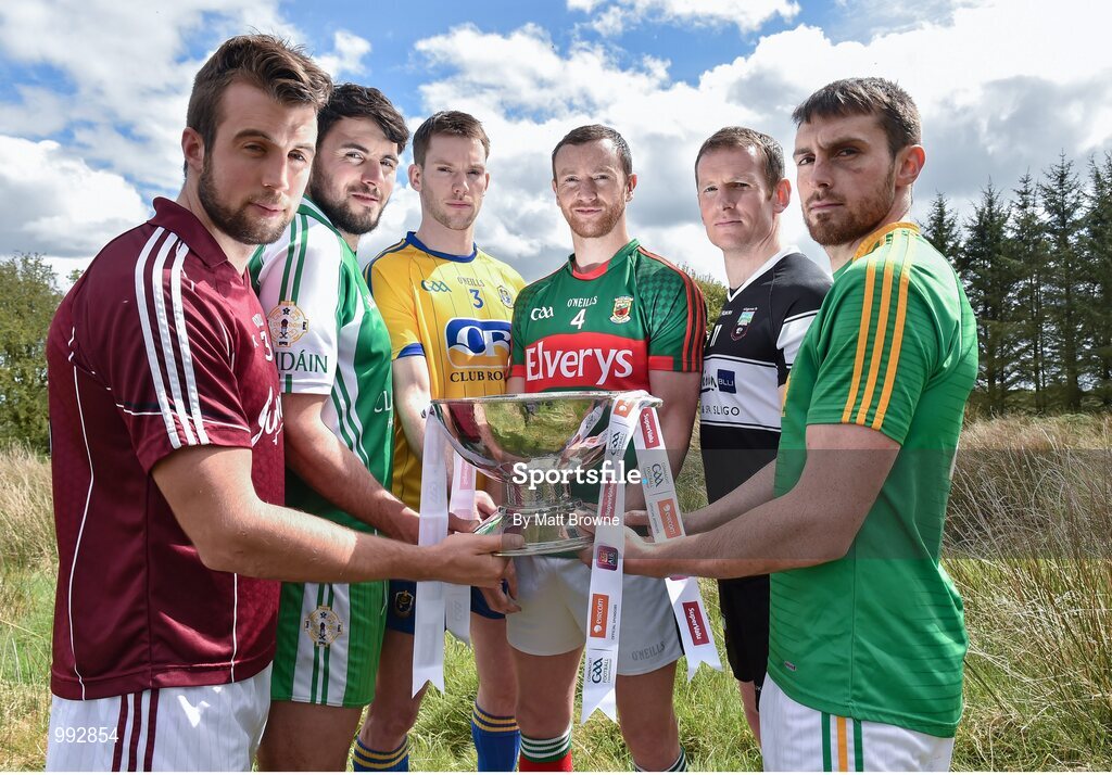 7 May 2015; Mayo captain Keith Higgins, centre, with, from left to right, Galway captain Paul Conroy, London captain Martin Carroll, Roscommon captain Niall Carty, Sligo captain Mark Breheny and Leitrim captain Sean McWeeney in attendance at the launch of the 2015 Connacht GAA Football Championship. Connacht GAA Centre, Bekan, Claremorris, Co. Mayo. Picture credit: Matt Browne / SPORTSFILE