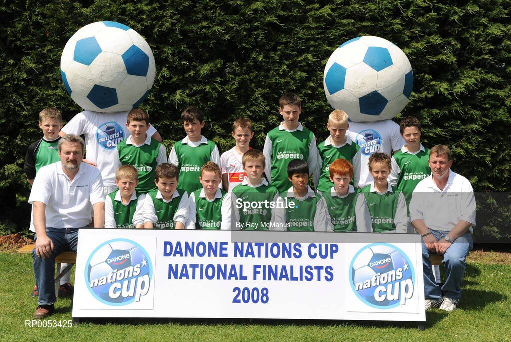 7 June 2008; The Abbeyleix Athletic team, Co Laois, back row left to right, Luke Malone, Alan Lynch, Eoin Purcell, Rory McEvoy, Leigh Bergin, Aaron Carroll and Nathan Wallace, front row l to r; Eugene McEvoy (Manager), Jamie Coffey, Conall Egan, Daniel Malloy, Gary Cantwell, Nathan Fennell, Paul Simms, Fintan Brennan and John Malloy Manager), before the start of the Danone Nations Cup National Finals, AUL Complex, Clonshaugh, Dublin. Picture credit: Ray McManus / SPORTSFILE  *** Local Caption *** send to Laois papers