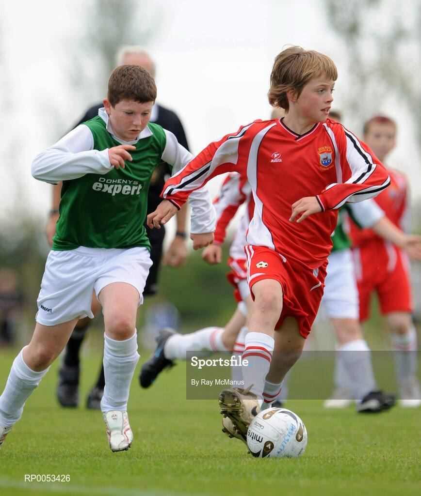 7 June 2008; Cian O'Donoghue, New Ross Celtic, in action against Fintan Brennan, Abbeyleix AFC, during the Danone Nations Cup National Finals, AUL Complex, Clonshaugh, Dublin. Picture credit: Ray McManus / SPORTSFILE  *** Local Caption *** send to Wexford and Laois papers