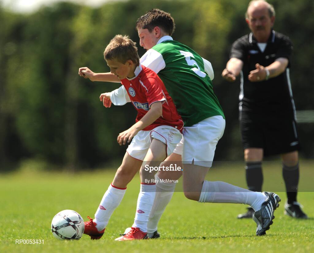 7 June 2008; Aaron Ashe, Shelbourne, in action against Leigh Bergin, Abbeyleix AFC, during the Danone Nations Cup National Finals, AUL Complex, Clonshaugh, Dublin. Picture credit: Ray McManus / SPORTSFILE