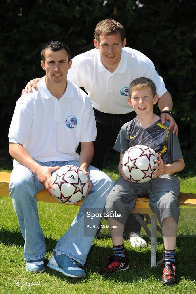 7 June 2008; Nine-year-old Cormac Boggan from Trim, Co Meath, with eircom league players Keith Fahey, left, St Patrick's Athletic, and Joe Gamble, Cork City, at the Danone Nations Cup National Finals. Cormac was a finalist in the supporters competition. AUL Complex, Clonshaugh, Dublin. Picture credit: Ray McManus / SPORTSFILE  *** Local Caption *** Send to Meath papers