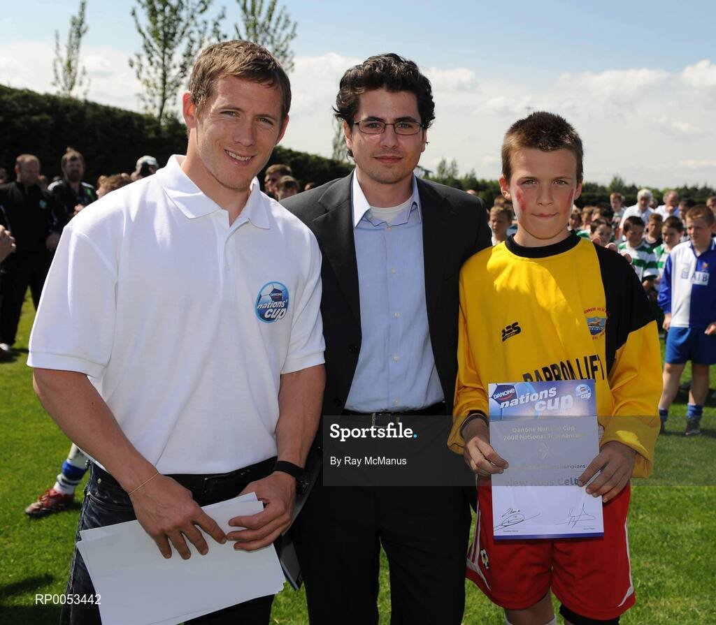 7 June 2008; Ryan Delaney, New Ross Celtic, Wexford, was presented with his certificate by Alex Ericarde, Brand Manager, Danone Ireland, centre, and Joe Gamble, Cork City, left. Danone Nations Cup National Finals, AUL Complex, Clonshaugh, Dublin. Picture credit: Ray McManus / SPORTSFILE