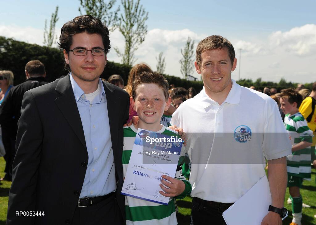 7 June 2008; Donal Lyne, Killarney Celtic, Co. Kerry, was presented with his certificate by Alex Ericarde, Brand Manager, Danone Ireland, left and Joe Gamble, Cork City, right. Danone Nations Cup National Finals, AUL Complex, Clonshaugh, Dublin. Picture credit: Ray McManus / SPORTSFILE