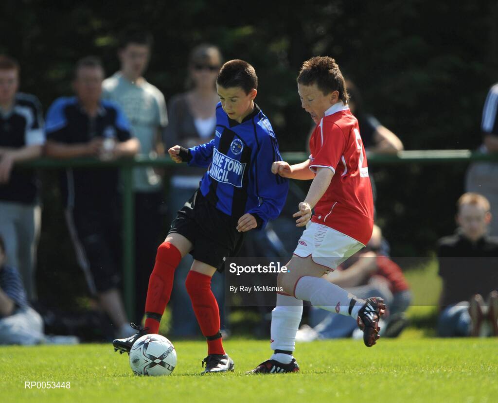 7 June 2008; Craig Rafferty, Shelbourne FC, is action against Jamie fahey, Willow Park FC, Athlone, during the Danone Nations Cup National Final. Shelbourne FC, Dublin, v Willow Park, Athlone, Co. Westmeath. AUL Complex, Clonshaugh, Dublin. Picture credit: Ray McManus / SPORTSFILE  *** Local Caption *** send to westmeath and dublin papers