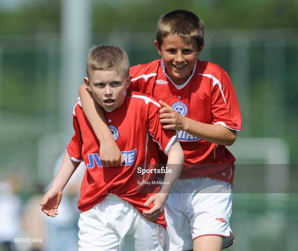 7 June 2008; Lee Delaney, left, celebrates scoring the third goal for Shelbourne FC with his team-mate Regan Donelon during the Danone Nations Cup National Final. Shelbourne FC, Dublin, v Willow Park, Athlone, Co. Westmeath. AUL Complex, Clonshaugh, Dublin. Picture credit: Ray McManus / SPORTSFILE