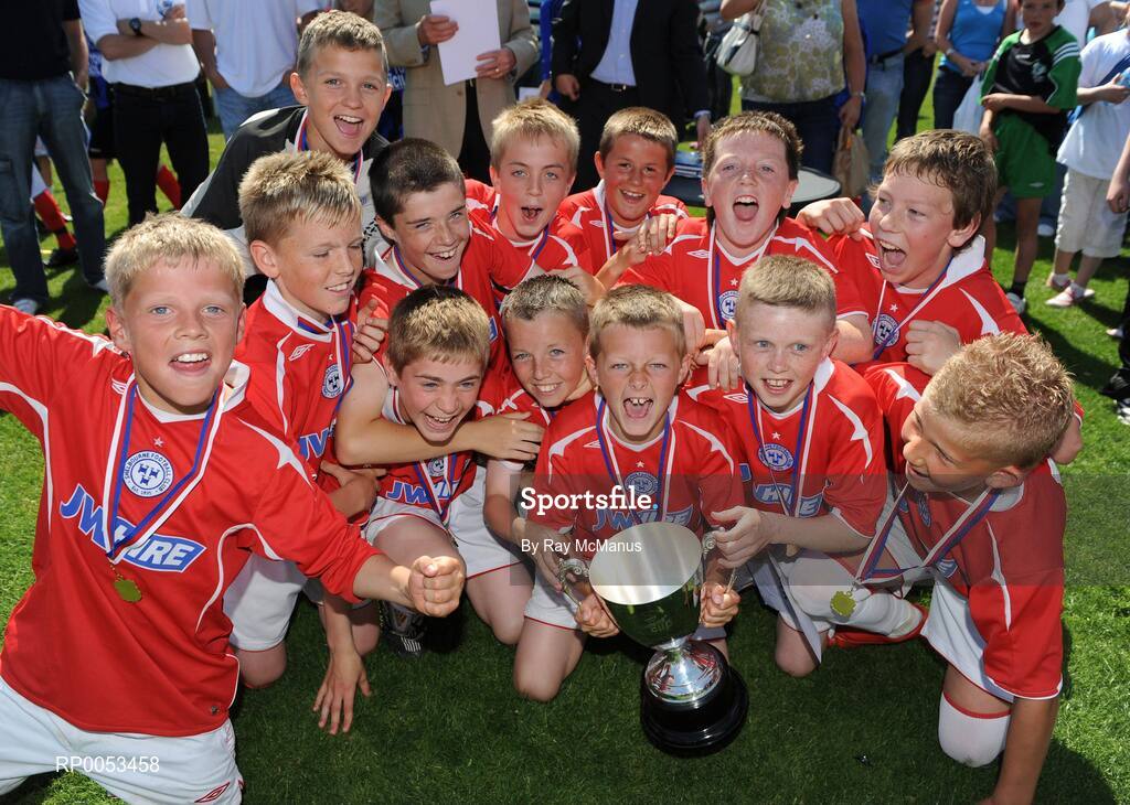 7 June 2008; The Shelbourne captain Aaron Ashe celebrates with his team-mates after Shelbourne had won the Danone Nations Cup National Final. AUL Complex, Clonshaugh, Dublin. Picture credit: Ray McManus / SPORTSFILE