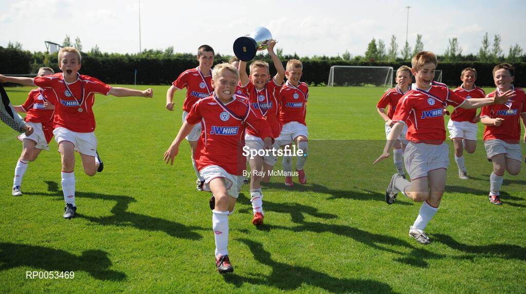 7 June 2008; The Shelbourne captain Aaron Ashe celebrates with team-mates after winning the Danone Nations Cup National Final. AUL Complex, Clonshaugh, Dublin. Picture credit: Ray McManus / SPORTSFILE
