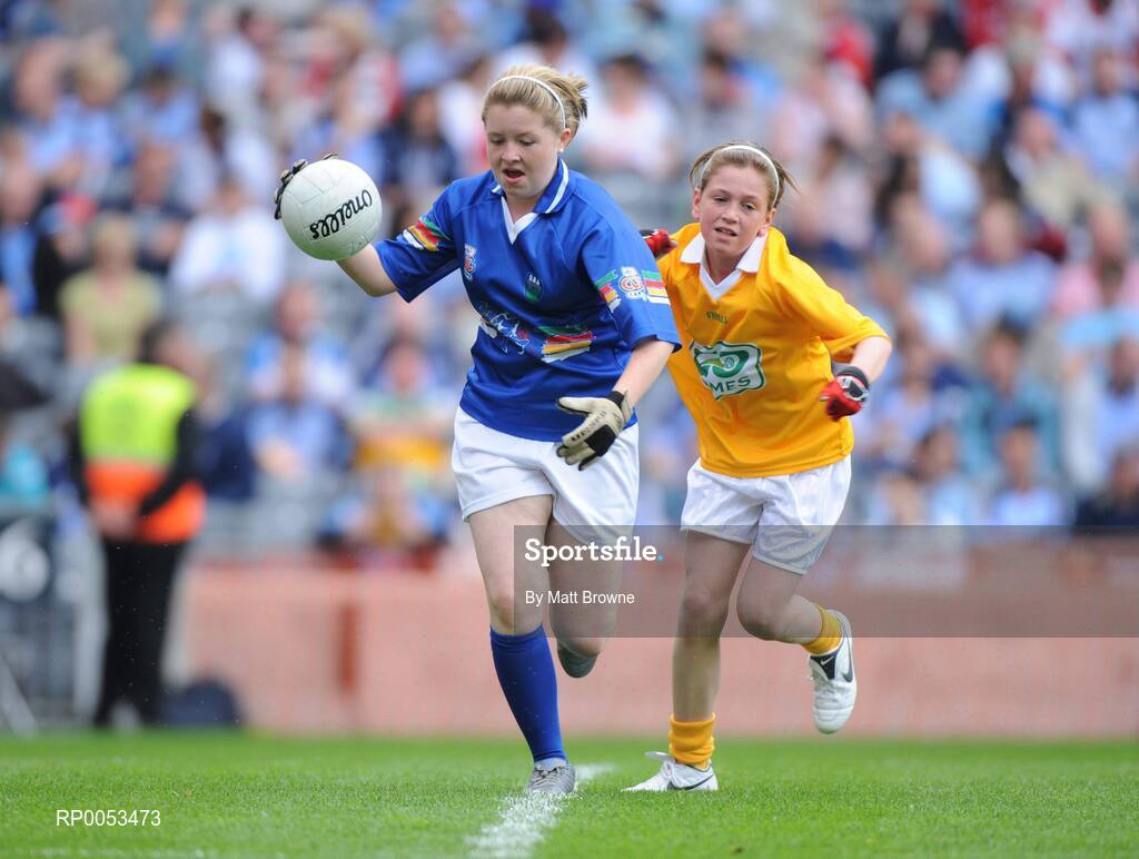 8 June 2008; Lauren Burdis, Donaghmede, in action against  Cathy Mc Keown, Dulargy NS, Co. Louth, pictured participating in the Vhi Cúl Camps game played at half-time during the GAA Football Leinster Senior Championship Quarter-Final, Louth v Dublin, Croke Park, Dublin. Picture credit: Matt Browne / SPORTSFILE