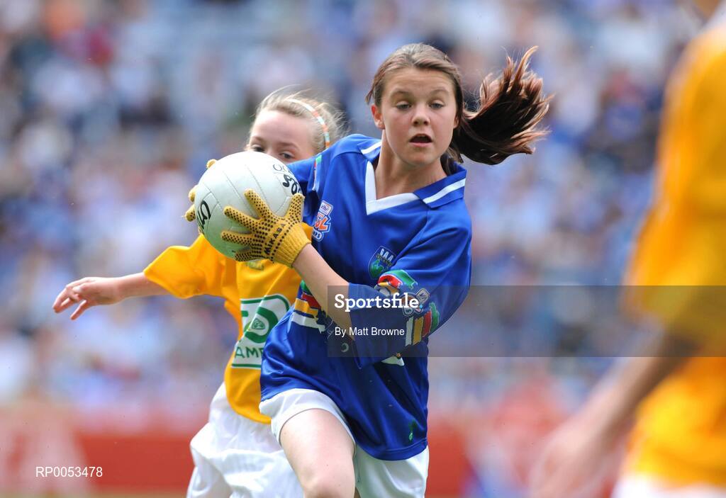 8 June 2008; Shauna Slattery, Donaghmede, in action against Aoife Mulholland, Tenure NS, Co. Louth, pictured participating in the Vhi Cúl Camps game played at half time during the GAA Football Leinster Senior Championship Quarter-Final, Louth v Dublin, Croke Park, Dublin. Picture credit: Matt Browne / SPORTSFILE