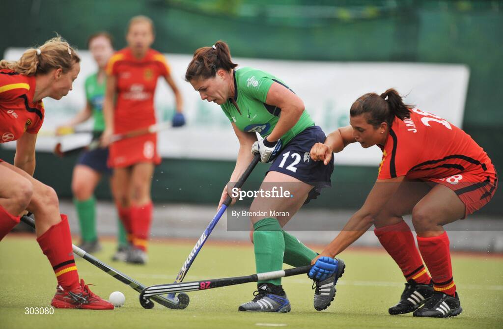 12 June 2008; Cathy McKean, Ireland, in action against Anke Kuhn, left, and Julia Muller, Germany. Setanta Sports Trophy, Ireland v Germany, National Hockey Stadium, UCD, Belfield, Dublin. Picture credit: Brendan Moran / SPORTSFILE
