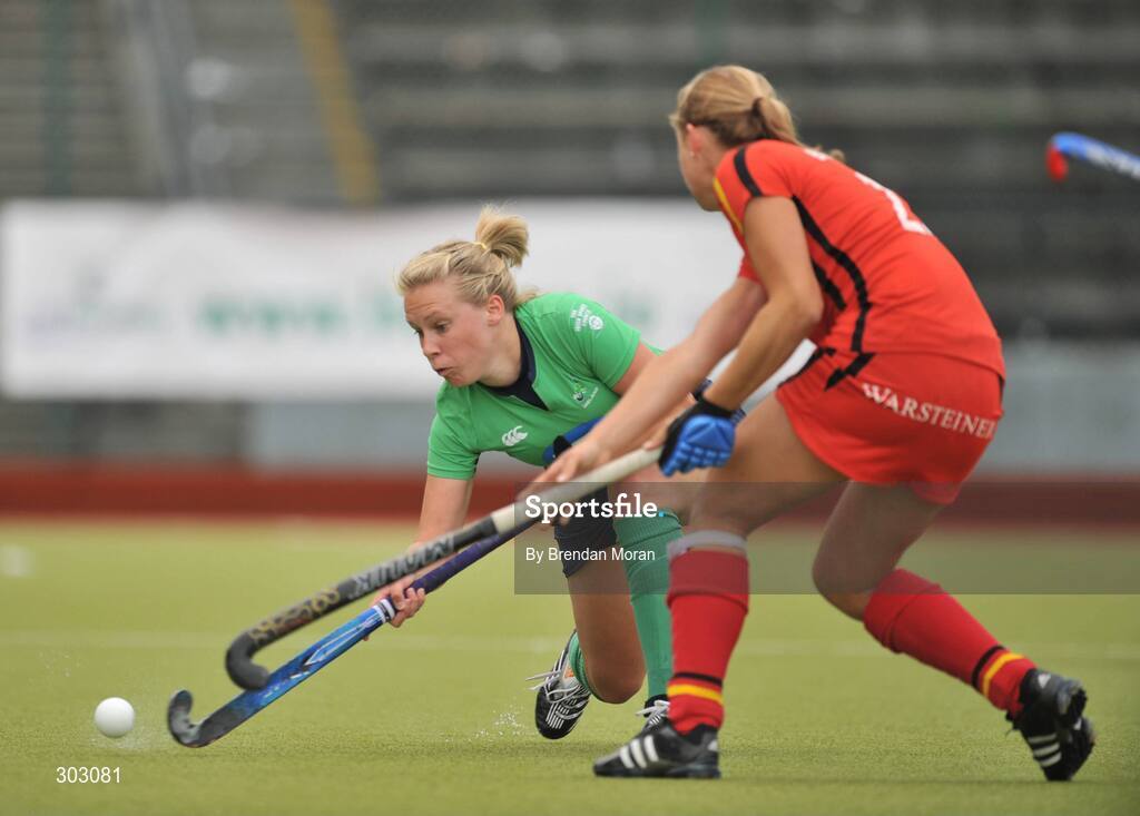 12 June 2008; Hollie Moffett, Ireland, in action against Janine Beermann, Germany. Setanta Sports Trophy, Ireland v Germany, National Hockey Stadium, UCD, Belfield, Dublin. Picture credit: Brendan Moran / SPORTSFILE