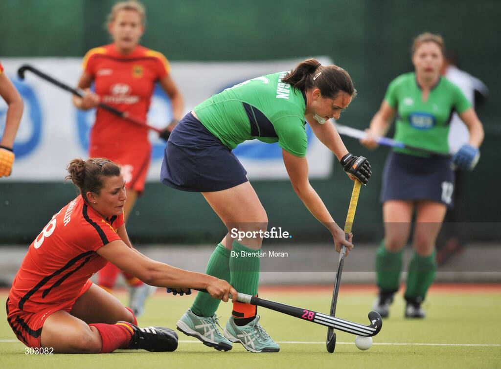 12 June 2008; Eimear Cregan, Ireland, in action against Julia Muller, Germany. Setanta Sports Trophy, Ireland v Germany, National Hockey Stadium, UCD, Belfield, Dublin. Picture credit: Brendan Moran / SPORTSFILE